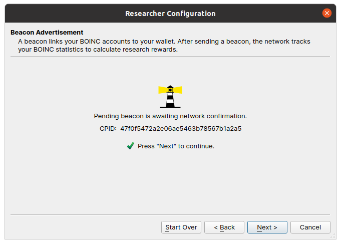 image showing a lighthouse with yellow to represent a pending beacon and a check mark saying press next to continue 