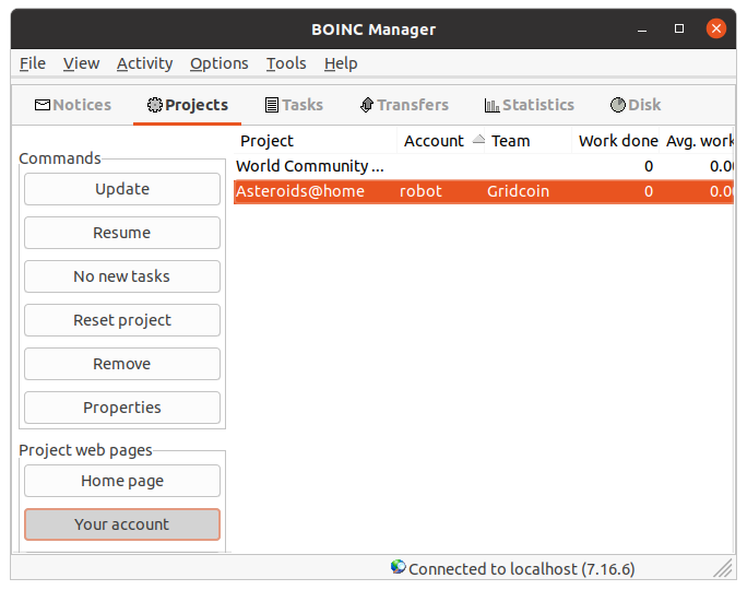 image of the advanced view in BOINC showing a project selected and the your account option being clicked under the column Project web pages